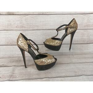 ALDO Womens Glitter Heels Sz 8.5 Gold Open Toe Platform Stiletto